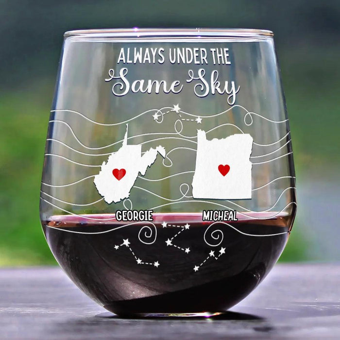 Personalized Stemless Wine Glass Long Distance Family Gift Custom Never Too Far to Drink Together Bestie Friendship Glass