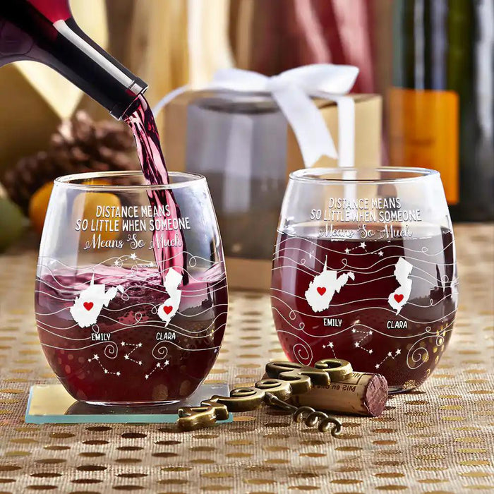 Personalized Stemless Wine Glass Long Distance Family Gift Custom Never Too Far to Drink Together Bestie Friendship Glass