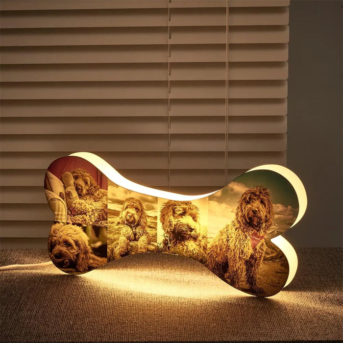 Personalized Bone-Shaped Pet Memorial LED Night Light with 5 Custom Photos