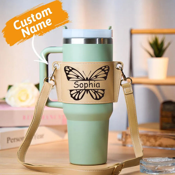 Personalized Name Butterfly Water Bottle Carrier Bag for 40oz Stanley Tumbler Adjustable Strap Gift for Women Hydration Sleeve Tote Pouch