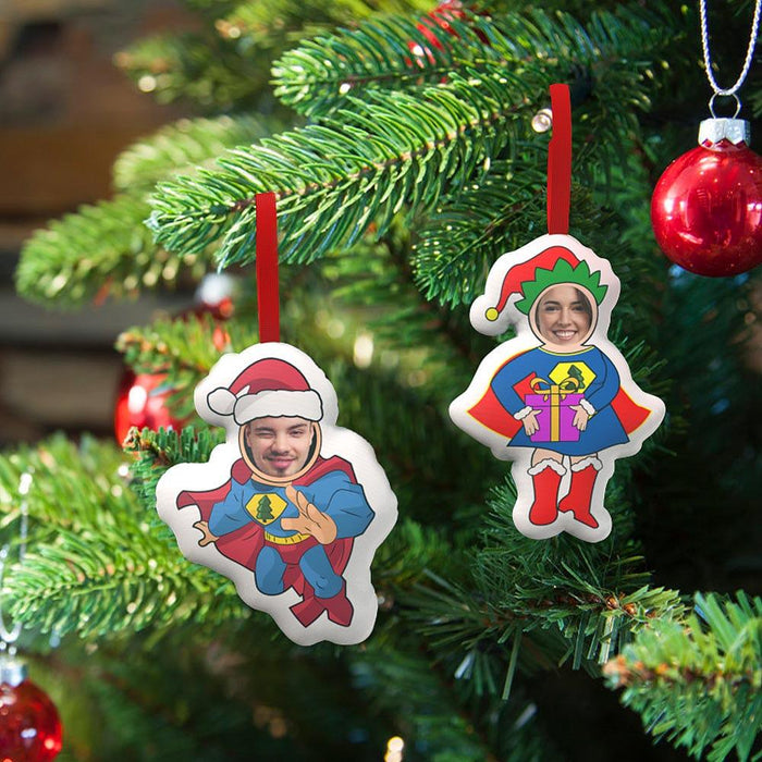 Personalized Superhero-themed Christmas Hanging Decorations Set of 2 Custom Face Ornaments Holiday Decor Gift for Kids Family Fans