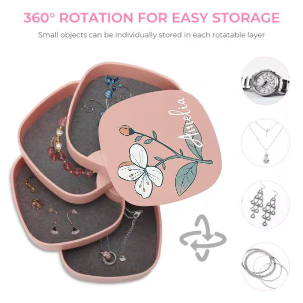 Personalized Pink Birth Flower Jewelry Box Custom Rotatable Jewelry Organizer Storage Box Gift for Her Birthday Mom Sister Wife Friend