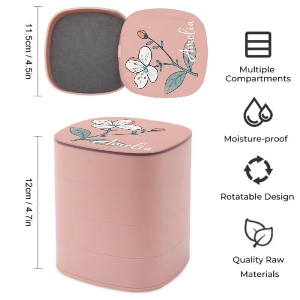 Personalized Pink Birth Flower Jewelry Box Custom Rotatable Jewelry Organizer Storage Box Gift for Her Birthday Mom Sister Wife Friend