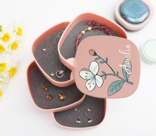 Personalized Pink Birth Flower Jewelry Box Custom Rotatable Jewelry Organizer Storage Box Gift for Her Birthday Mom Sister Wife Friend