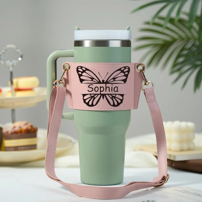 Personalized Name Butterfly Water Bottle Carrier Bag for 40oz Stanley Tumbler Adjustable Strap Gift for Women Hydration Sleeve Tote Pouch