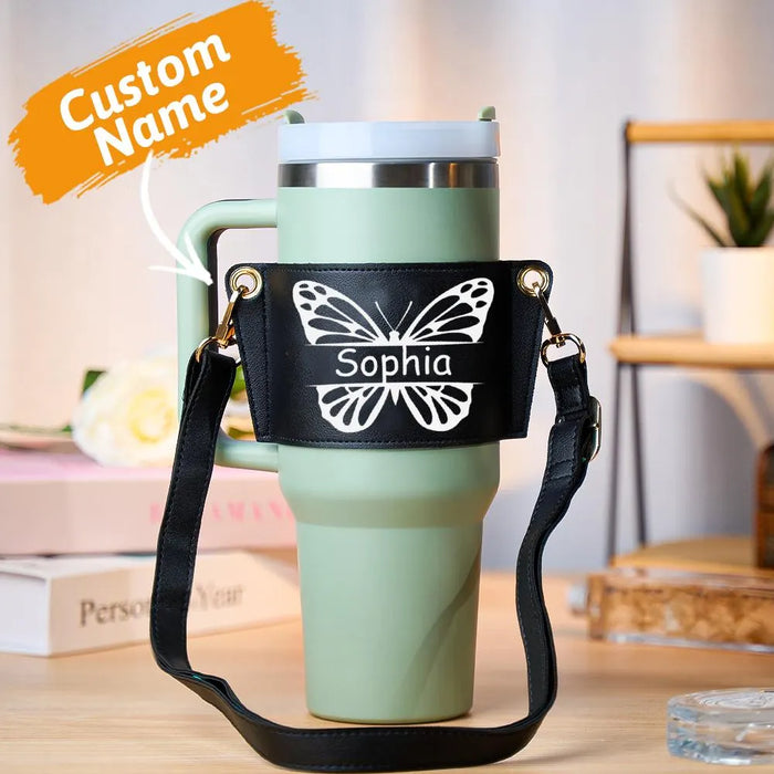 Personalized Name Butterfly Water Bottle Carrier Bag for 40oz Stanley Tumbler Adjustable Strap Gift for Women Hydration Sleeve Tote Pouch