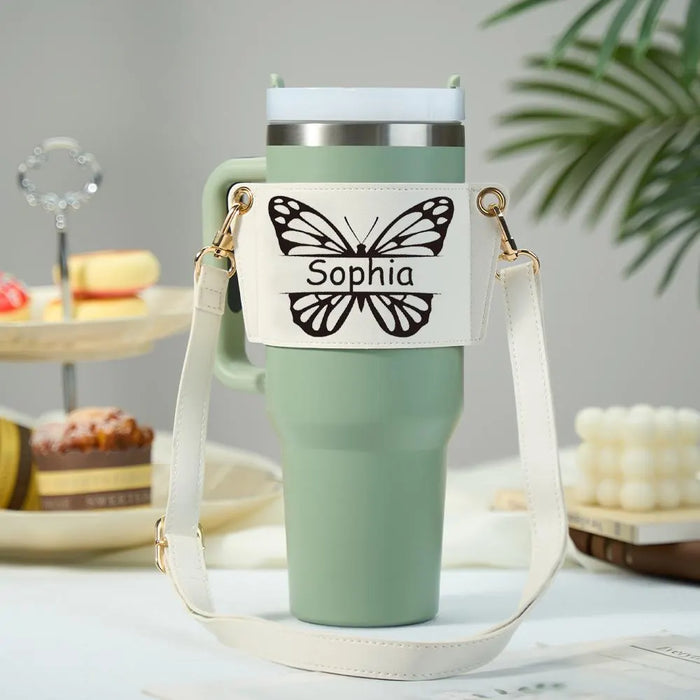 Personalized Name Butterfly Water Bottle Carrier Bag for 40oz Stanley Tumbler Adjustable Strap Gift for Women Hydration Sleeve Tote Pouch