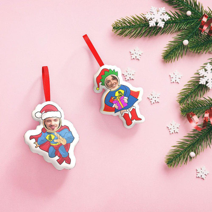 Personalized Superhero-themed Christmas Hanging Decorations Set of 2 Custom Face Ornaments Holiday Decor Gift for Kids Family Fans
