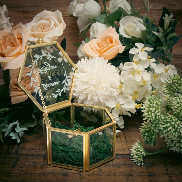 Personalized Hexagonal Glass Ring Box Custom Engagement Ring Box for Wedding Ceremony Gift for Bride and Groom Ring Bearer Box