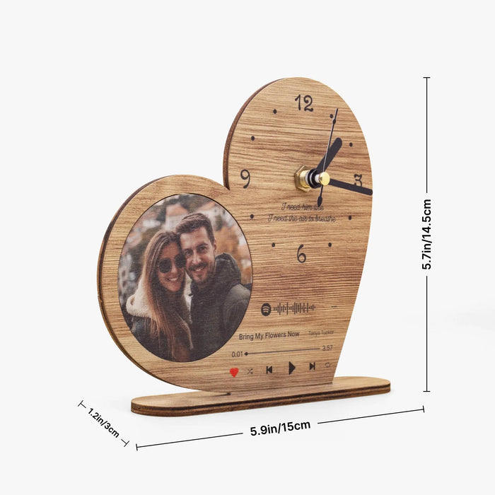 Personalized Heart Shaped Photo Album Wood Clock with Scannable Music Code Custom Message Gift for Anniversary Couples Valentine's Day