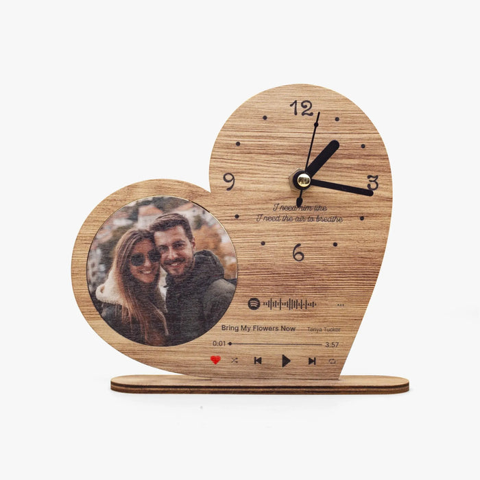 Personalized Heart Shaped Photo Album Wood Clock with Scannable Music Code Custom Message Gift for Anniversary Couples Valentine's Day