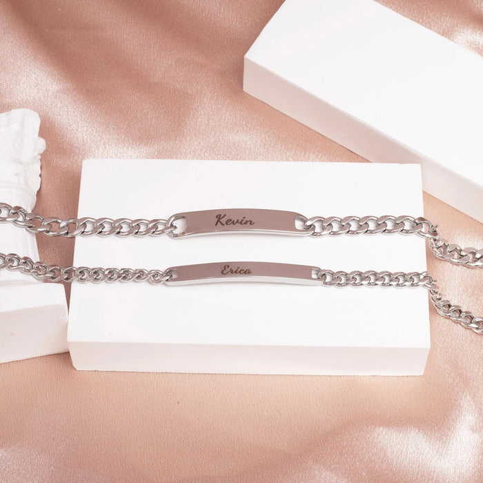 Personalized Engraved Bracelet Set with Eternal Rose Box Custom Name Couple Gift for Girlfriend Boyfriend Fiancee Anniversary Present