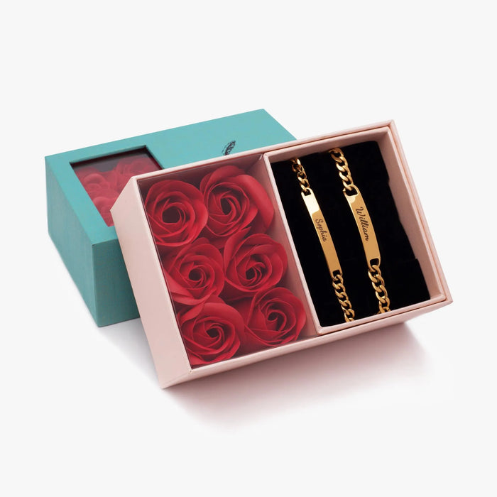 Personalized Engraved Bracelet Set with Eternal Rose Box Custom Name Couple Gift for Girlfriend Boyfriend Fiancee Anniversary Present