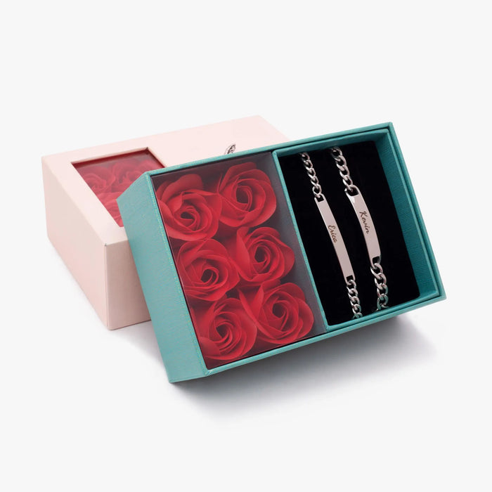 Personalized Engraved Bracelet Set with Eternal Rose Box Custom Name Couple Gift for Girlfriend Boyfriend Fiancee Anniversary Present
