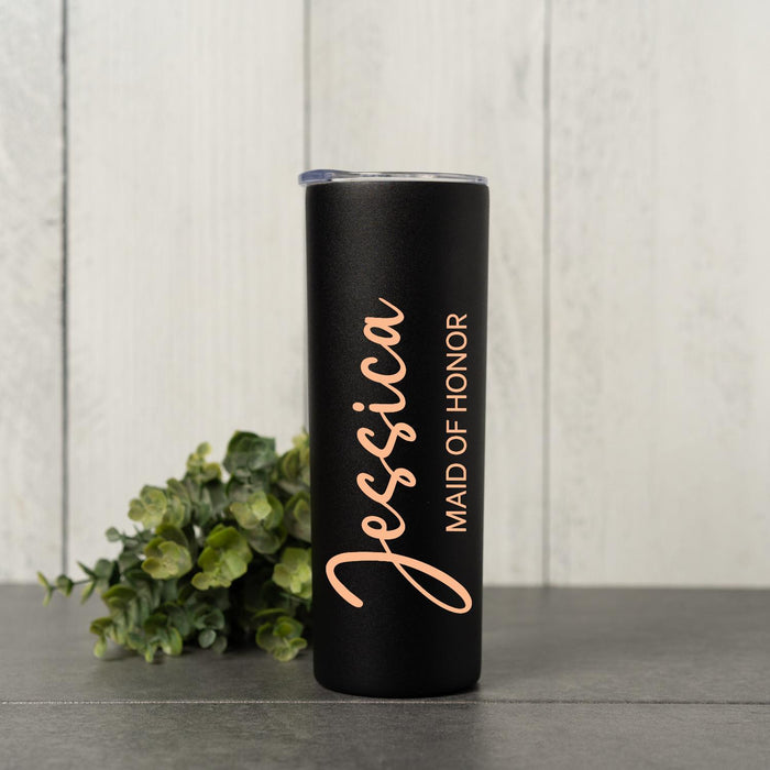 Personalized Name Printed Skinny Steel Tumbler Custom Metal Wine Cup Bridesmaid Gifts Bridal Shower Favors Rose Gold Bride Squad Gift