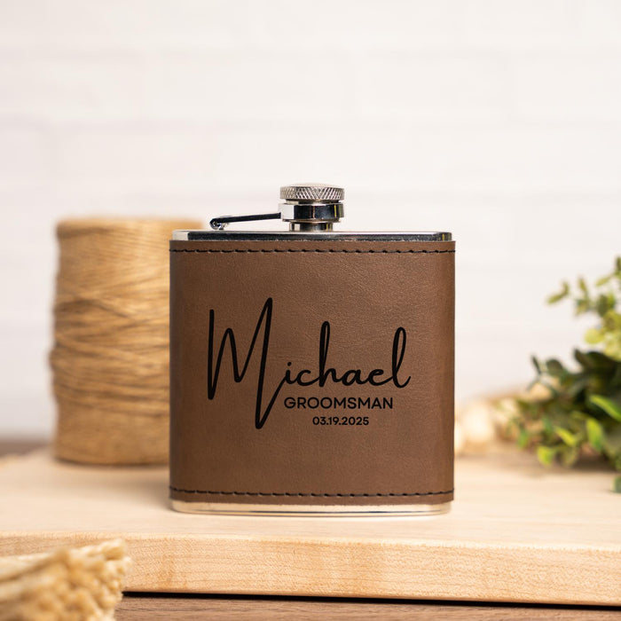 Personalized Name Engraved Vegan Leather Flask Custom Groomsman Gift Bachelor Party Favor Wedding Gift for Groom Best Man Usher or Father