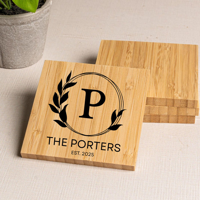 Personalized Engraved Bamboo Coaster Set with Holder: Family Name Gift