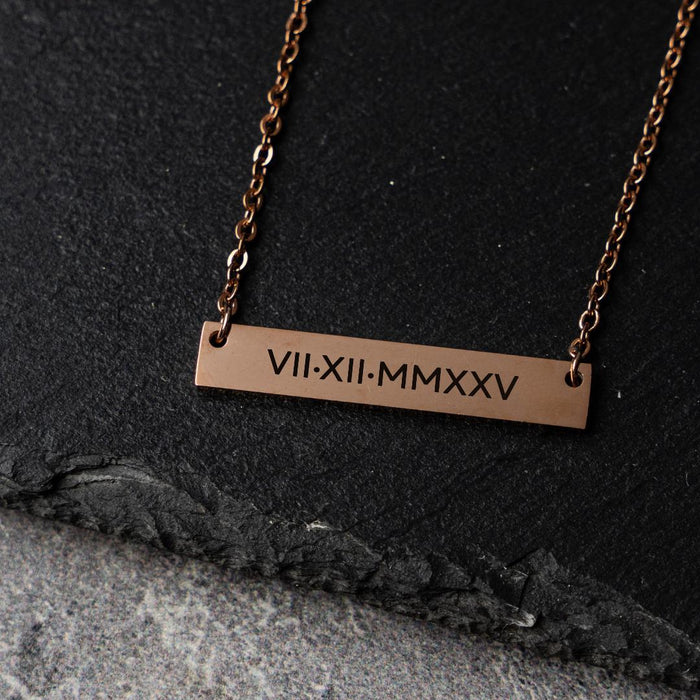 Personalized Roman Numeral Necklace Custom Wedding Date Necklace Gold Bar Necklace Engraved Bar Necklace Anniversary Gift for Women or Bride