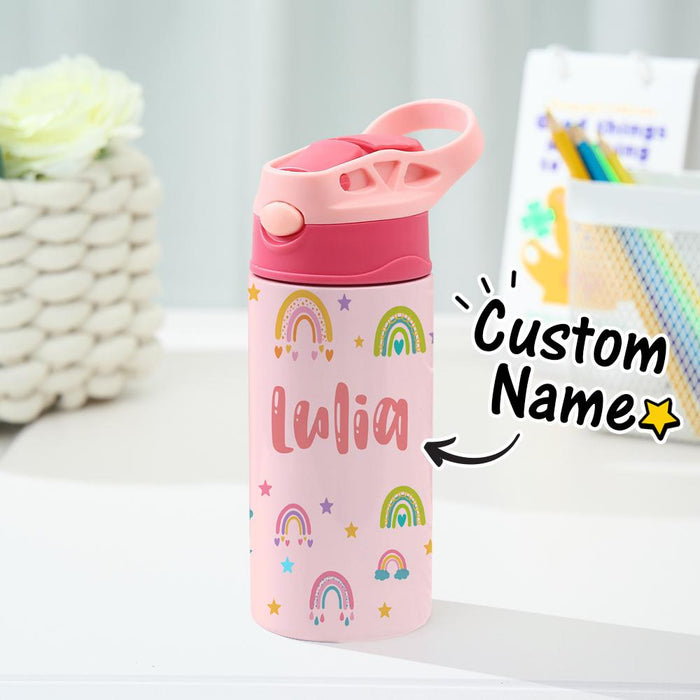 Custom Name Rainbow Kids Water Bottle Stainless Steel Cup Personalized Children's Day Gift for Girls Boys School Travel Tumbler