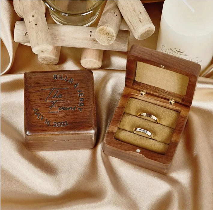 Personalized Square Wood Double Ring Box Custom Engagement Ring Box for Wedding Ceremony Gift for Bride and Groom Ring Bearer Box
