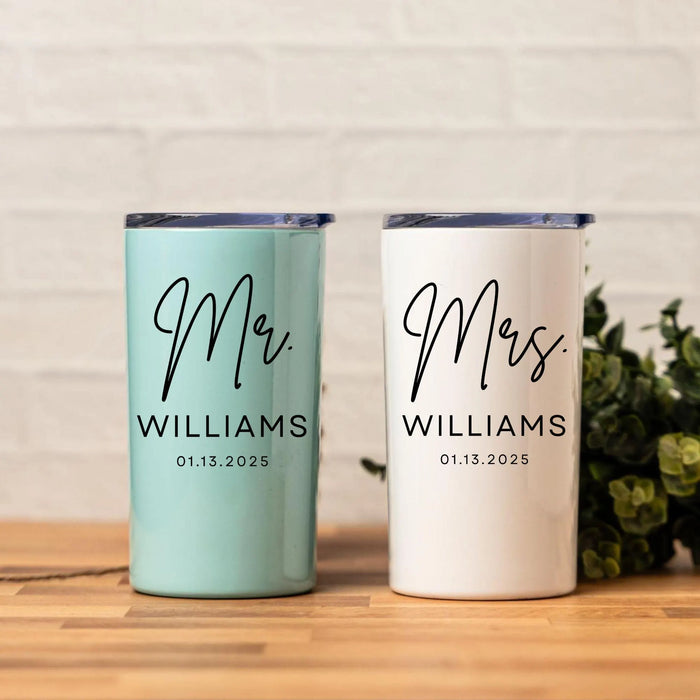 Personalized Mr and Mrs Skinny Mini Tumbler Custom Cup with Lid Bride and Groom Gift Bridal Shower Favor Wedding Party Gift Anniversary Gift