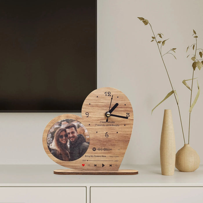 Personalized Heart Shaped Photo Album Wood Clock with Scannable Music Code Custom Message Gift for Anniversary Couples Valentine's Day