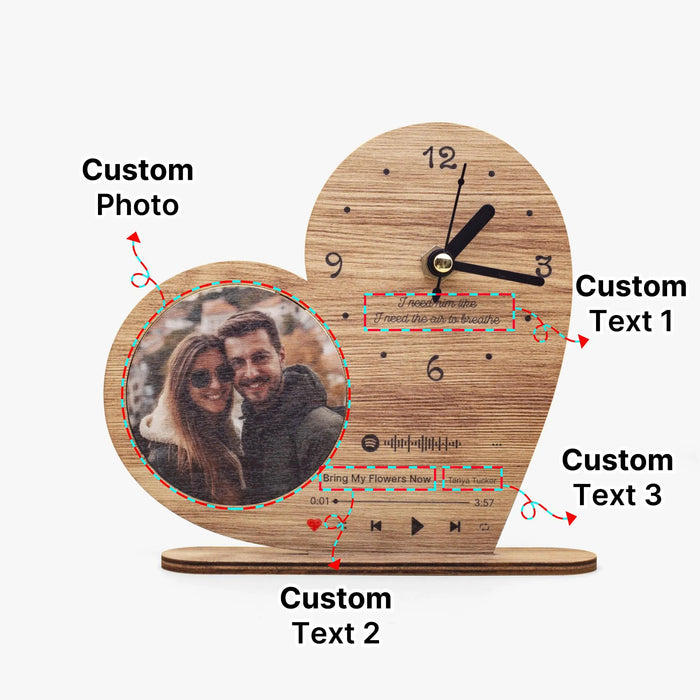 Personalized Heart Shaped Photo Album Wood Clock with Scannable Music Code Custom Message Gift for Anniversary Couples Valentine's Day