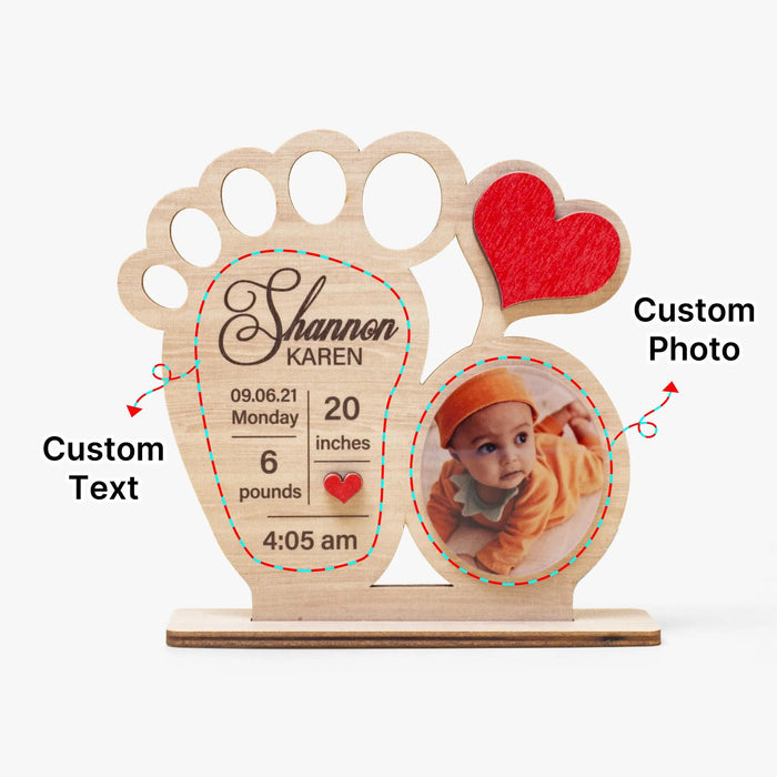 Personalized Foot Shaped Baby Ornament with Name Photo Birth Stats Custom Gift for New Mom Dad Baby Shower Birthday Name Reveal Decor