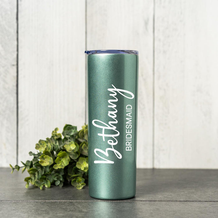 Personalized Name Printed Skinny Steel Tumbler Custom Metal Wine Cup Bridesmaid Gifts Bridal Shower Favors Rose Gold Bride Squad Gift