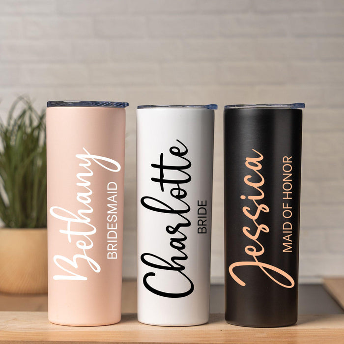 Personalized Name Printed Skinny Steel Tumbler Custom Metal Wine Cup Bridesmaid Gifts Bridal Shower Favors Rose Gold Bride Squad Gift