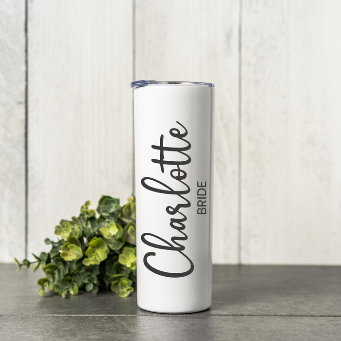 Personalized Name Printed Skinny Steel Tumbler Custom Metal Wine Cup Bridesmaid Gifts Bridal Shower Favors Rose Gold Bride Squad Gift