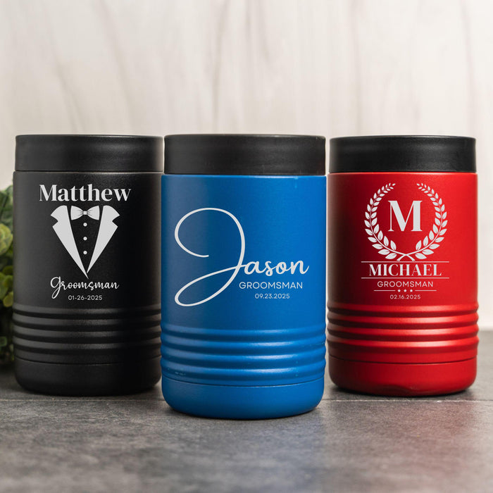 Personalized Groomsman Can Cooler: Custom Etched Insulated Beverage Holder