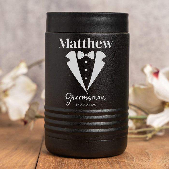 Personalized Groomsman Can Cooler: Custom Etched Insulated Beverage Holder