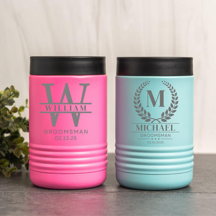 Personalized Groomsman Can Cooler: Custom Etched Insulated Beverage Holder