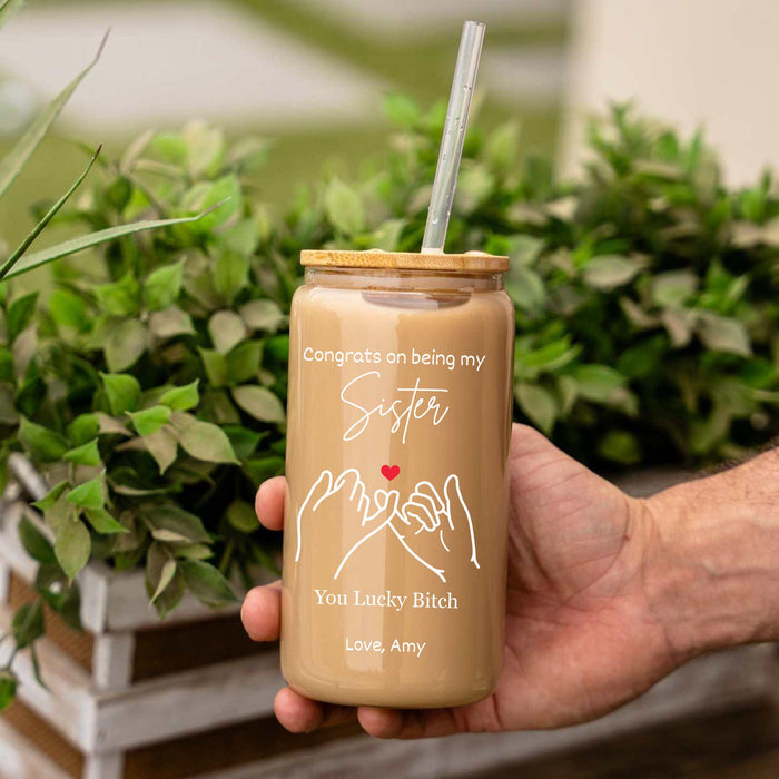 Personalized Sister Glass Tumbler: 16oz Iced Coffee Cup with Bamboo Lid