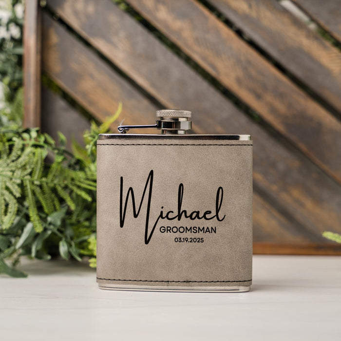 Personalized Name Engraved Vegan Leather Flask Custom Groomsman Gift Bachelor Party Favor Wedding Gift for Groom Best Man Usher or Father