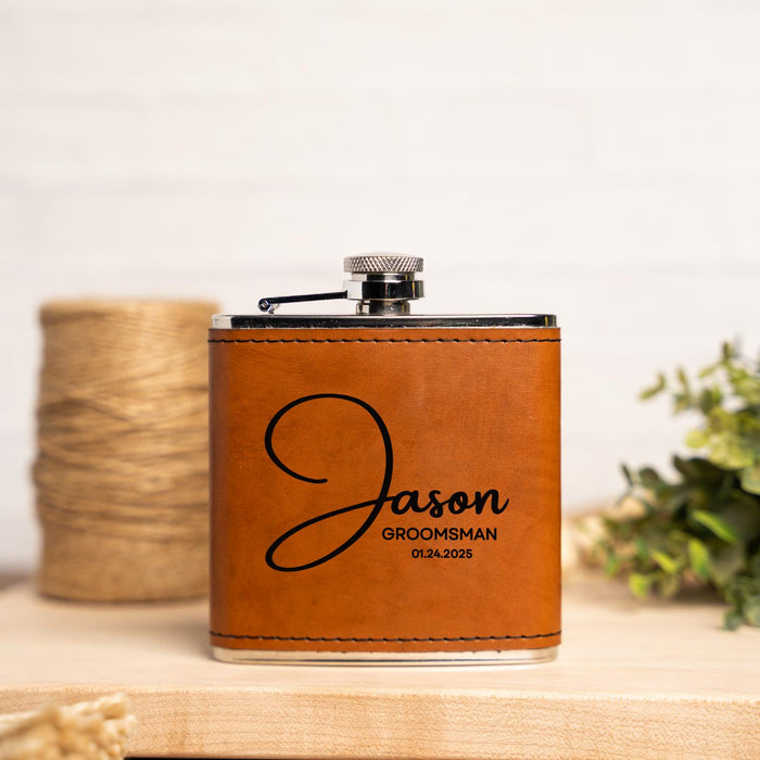 Personalized Name Engraved Vegan Leather Flask Custom Groomsman Gift Bachelor Party Favor Wedding Gift for Groom Best Man Usher or Father