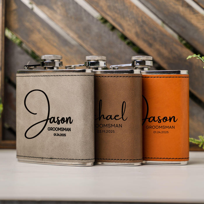 Personalized Name Engraved Vegan Leather Flask Custom Groomsman Gift Bachelor Party Favor Wedding Gift for Groom Best Man Usher or Father