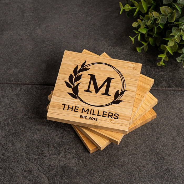 Personalized Engraved Bamboo Coaster Set with Holder: Family Name Gift