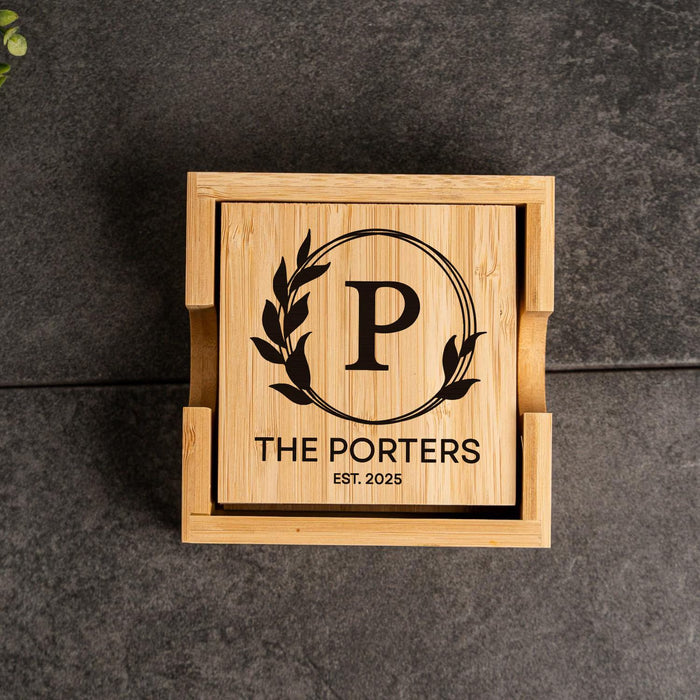 Personalized Engraved Bamboo Coaster Set with Holder: Family Name Gift