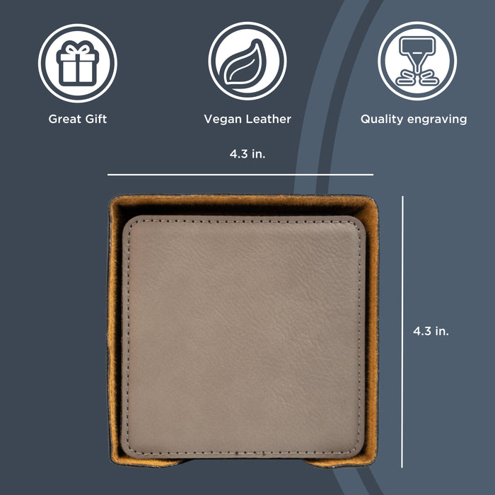 Custom Square Vegan Leather Coaster Set with Holder Personalized Family Name with Est Year Wedding Gift Anniversary or Housewarming Gift
