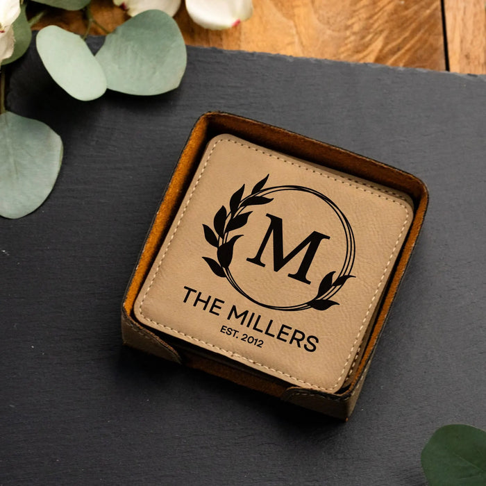 Custom Square Vegan Leather Coaster Set with Holder Personalized Wedding Gift for Anniversary Newlywed Engagement or Housewarming Gift