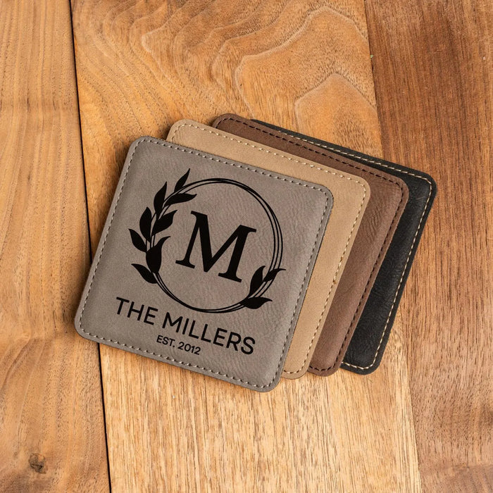 Custom Square Vegan Leather Coaster Set with Holder Personalized Wedding Gift for Anniversary Newlywed Engagement or Housewarming Gift