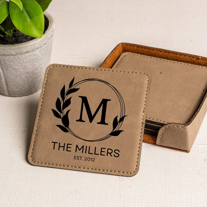 Custom Square Vegan Leather Coaster Set with Holder Personalized Wedding Gift for Anniversary Newlywed Engagement or Housewarming Gift