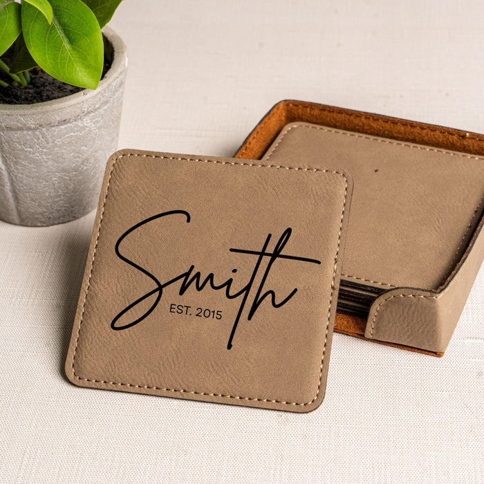 Custom Square Vegan Leather Coaster Set with Holder Personalized Family Name with Est Year Wedding Gift Anniversary or Housewarming Gift