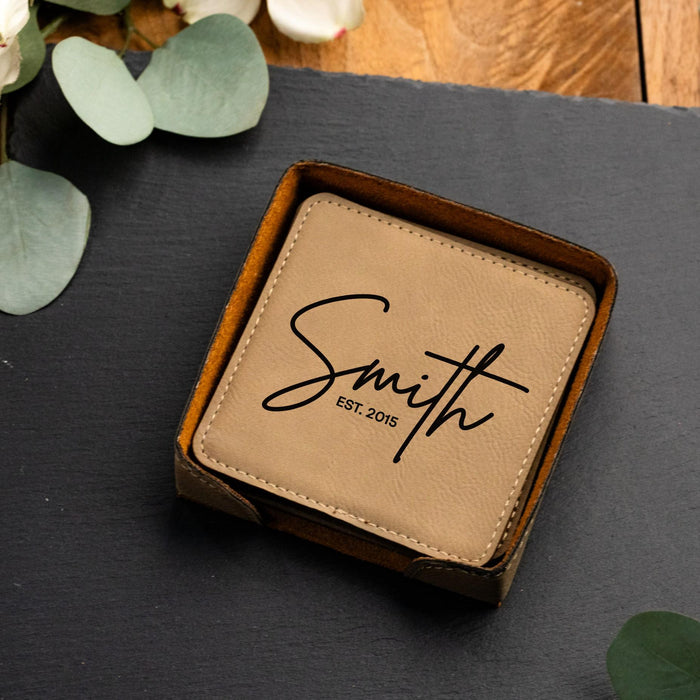 Custom Square Vegan Leather Coaster Set with Holder Personalized Family Name with Est Year Wedding Gift Anniversary or Housewarming Gift
