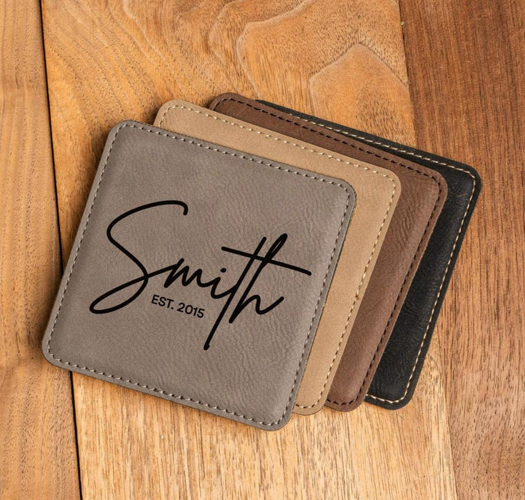 Custom Square Vegan Leather Coaster Set with Holder Personalized Family Name with Est Year Wedding Gift Anniversary or Housewarming Gift