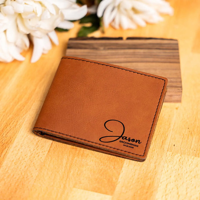 Custom Engraved Wallet Personalized Mens Leather Wallet Groomsmen Gift Wedding Party Favor Birthday Gift for Dad Husband Father or Best Man