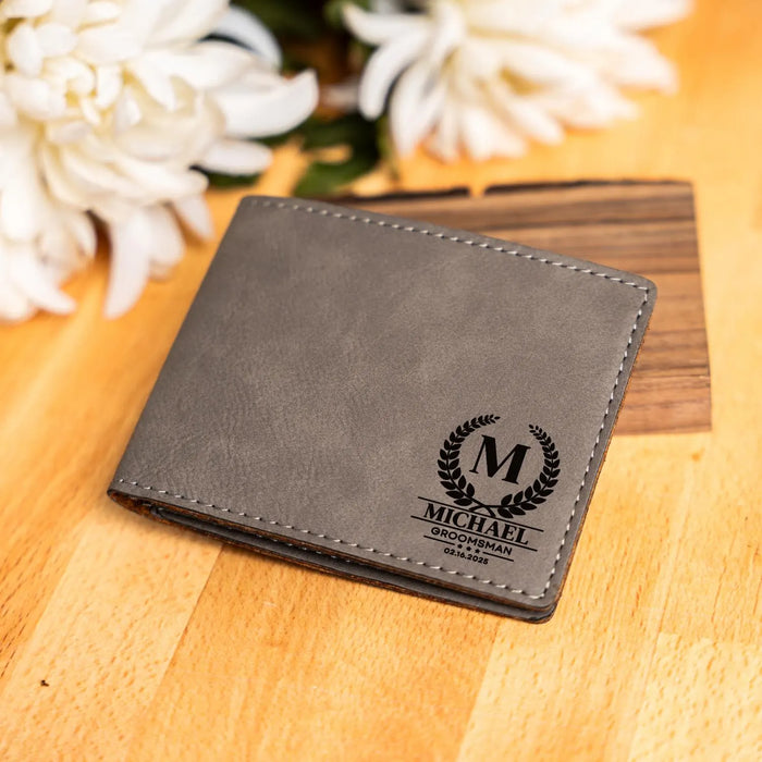 Custom Engraved Wallet Personalized Mens Leather Wallet Groomsmen Gift Wedding Party Favor Birthday Gift for Dad Husband Father or Best Man