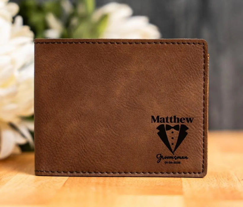 Custom Engraved Wallet Personalized Mens Leather Wallet Groomsmen Gift Wedding Party Favor Birthday Gift for Dad Husband Father or Best Man